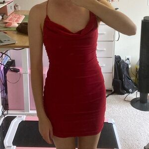 Red cowl-neck mini dress